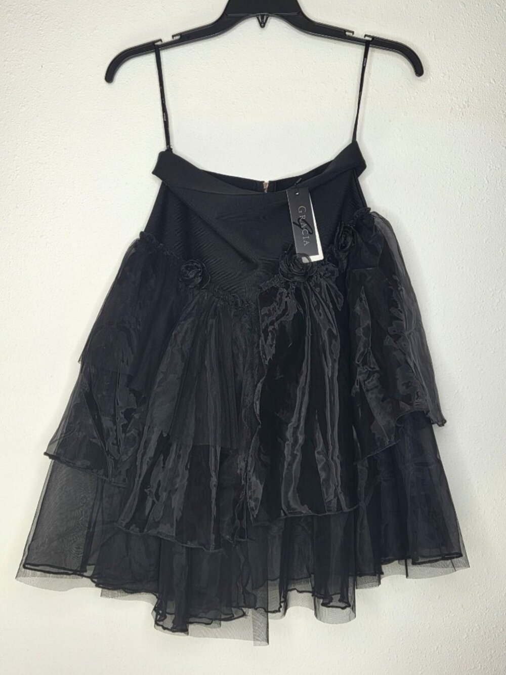 Gracia Layered Floral Rose Black Organza Skirt - L